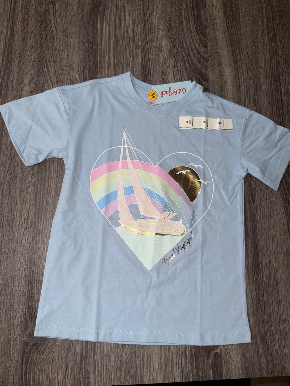 Cat & Jack Light Blue Girls' Sailboat Heart Rainbow Tee with Gold Detail